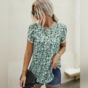 NEW Sage Green Confetti Polka Lace Trim Short Petal Sleeve Blouse Size Large
